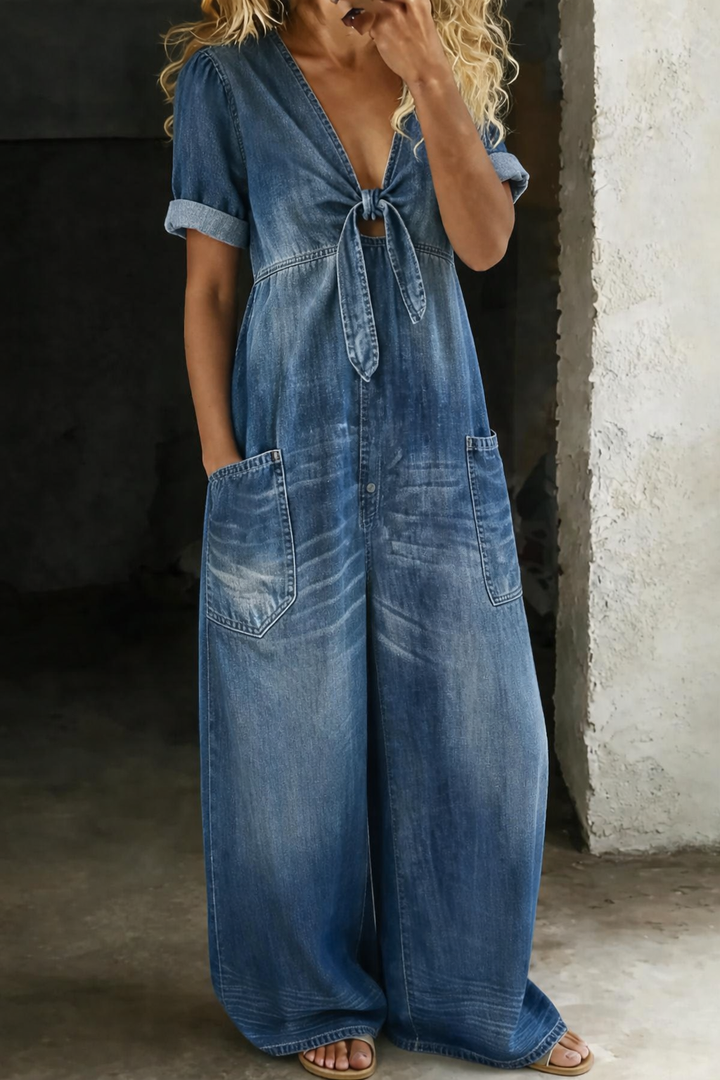 Women's Cotton Wide-Leg Denim Jumpsuit Autumn Casual Outfit