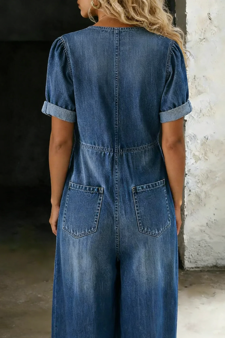 Women's Cotton Wide-Leg Denim Jumpsuit Autumn Casual Outfit