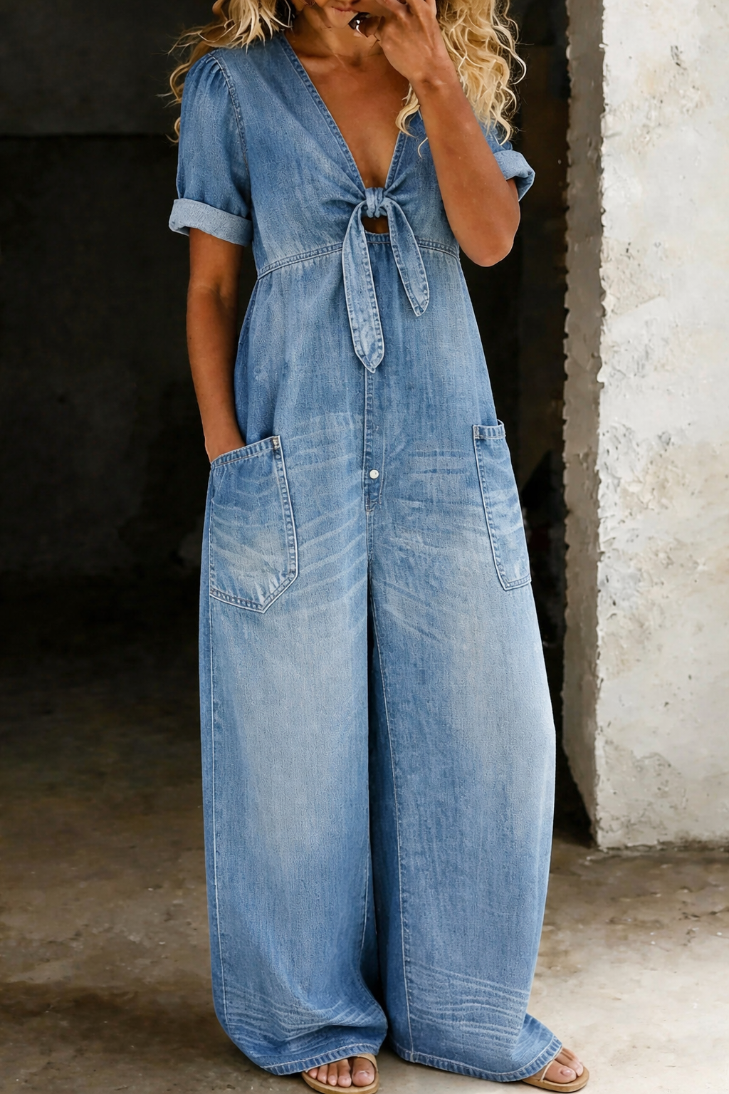 Women's Cotton Wide-Leg Denim Jumpsuit Autumn Casual Outfit
