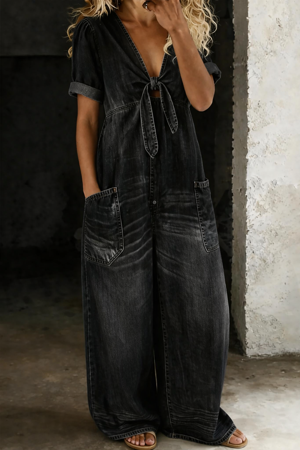Women's Cotton Wide-Leg Denim Jumpsuit Autumn Casual Outfit