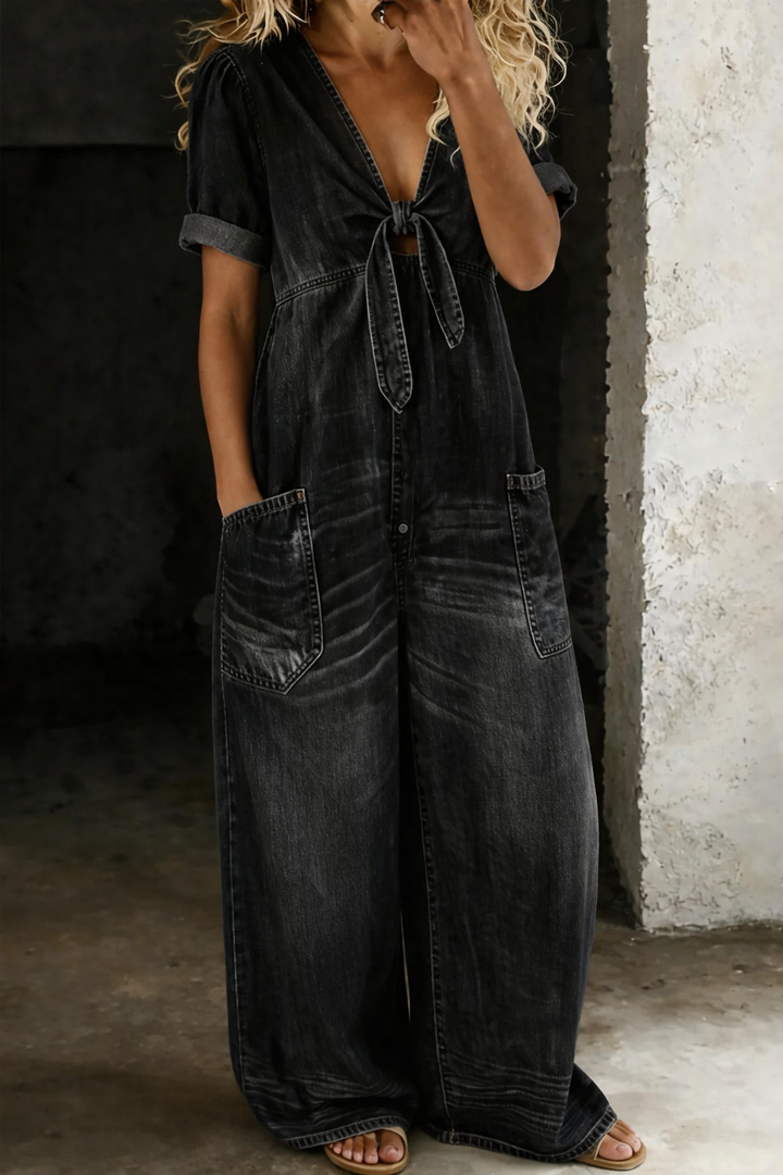 Women's Cotton Wide-Leg Denim Jumpsuit Autumn Casual Outfit