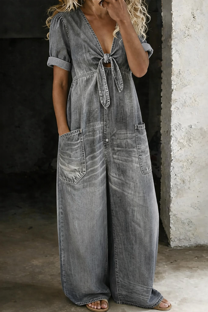 Women's Cotton Wide-Leg Denim Jumpsuit Autumn Casual Outfit