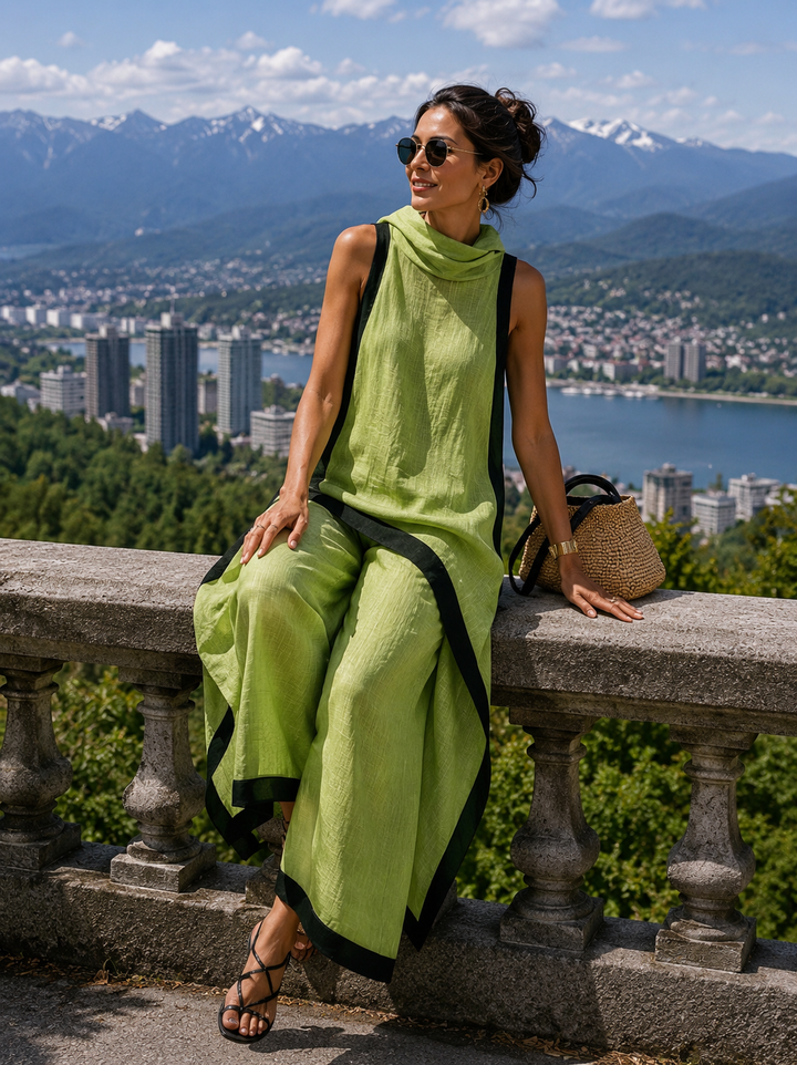 Women's Cotton Linen Tunic Set Autumn Asymmetric Top & Wide-Leg Pants
