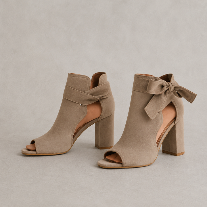 Women's Peep Toe Block Heel Sandals Spring Faux Suede Ankle Bootie Sandals with Bow Detail