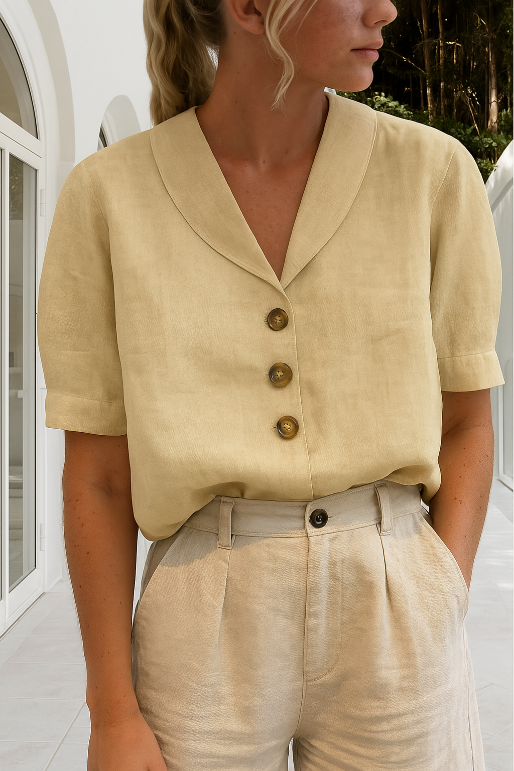 Women's Cotton Button-Down Blouse with V-Neck for Autumn Casual Office Wear