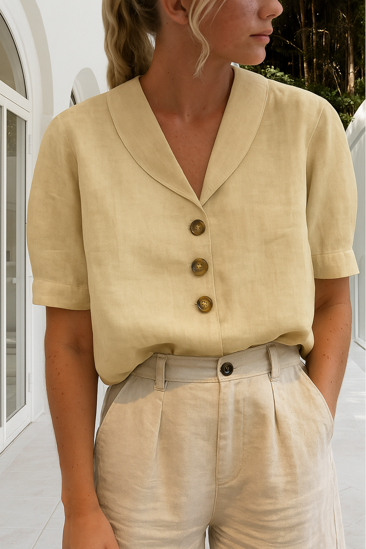 Women's Cotton Button-Down Blouse with V-Neck for Autumn Casual Office Wear