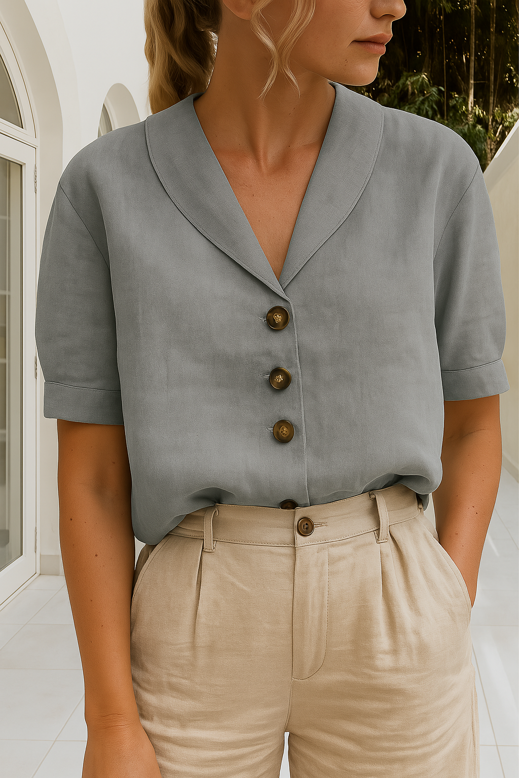 Women's Cotton Button-Down Blouse with V-Neck for Autumn Casual Office Wear