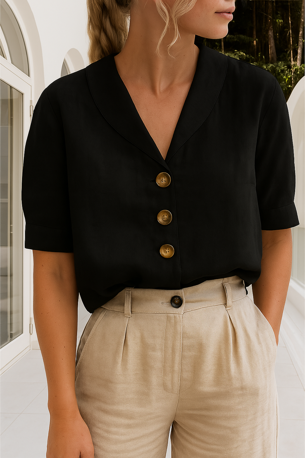 Women's Cotton Button-Down Blouse with V-Neck for Autumn Casual Office Wear