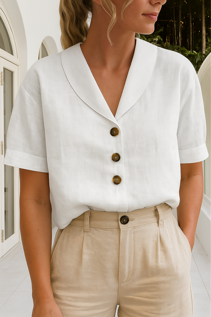 Women's Cotton Button-Down Blouse with V-Neck for Autumn Casual Office Wear