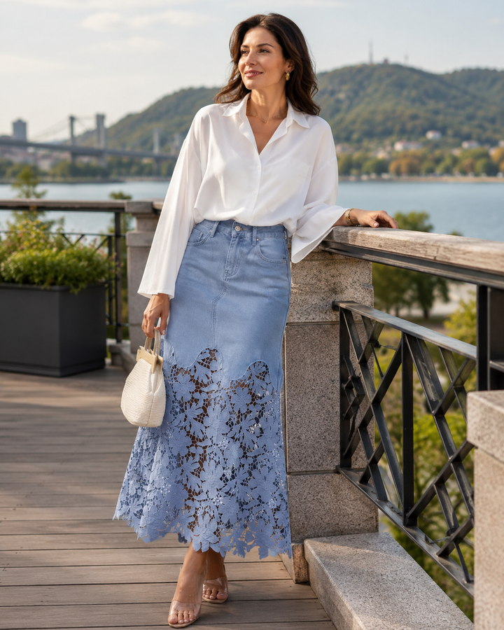 Women's Cotton Denim Long Skirt Autumn Floral Lace Bottoms