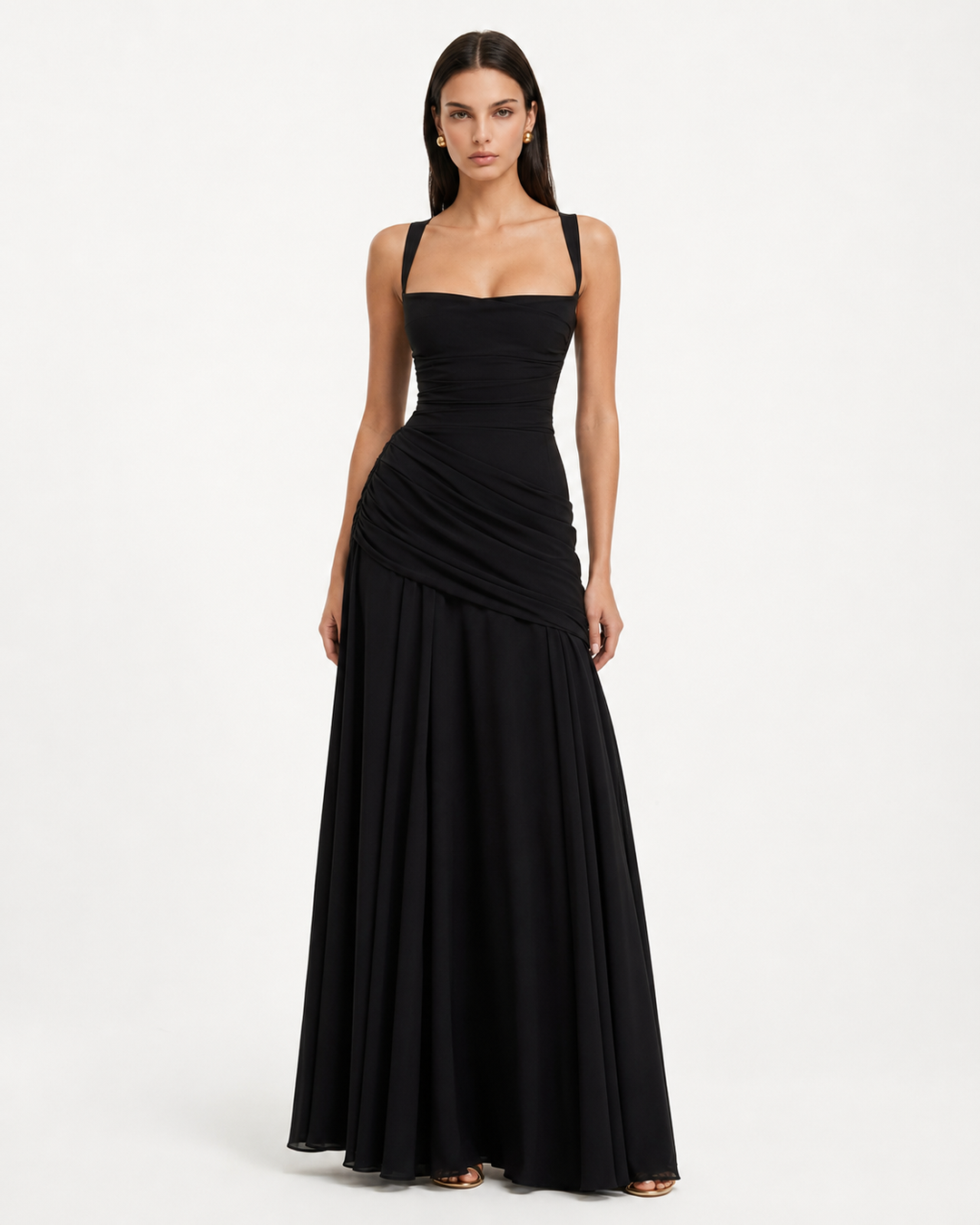 Women's Square Neck Draped Maxi Dress Autumn Evening Outfit