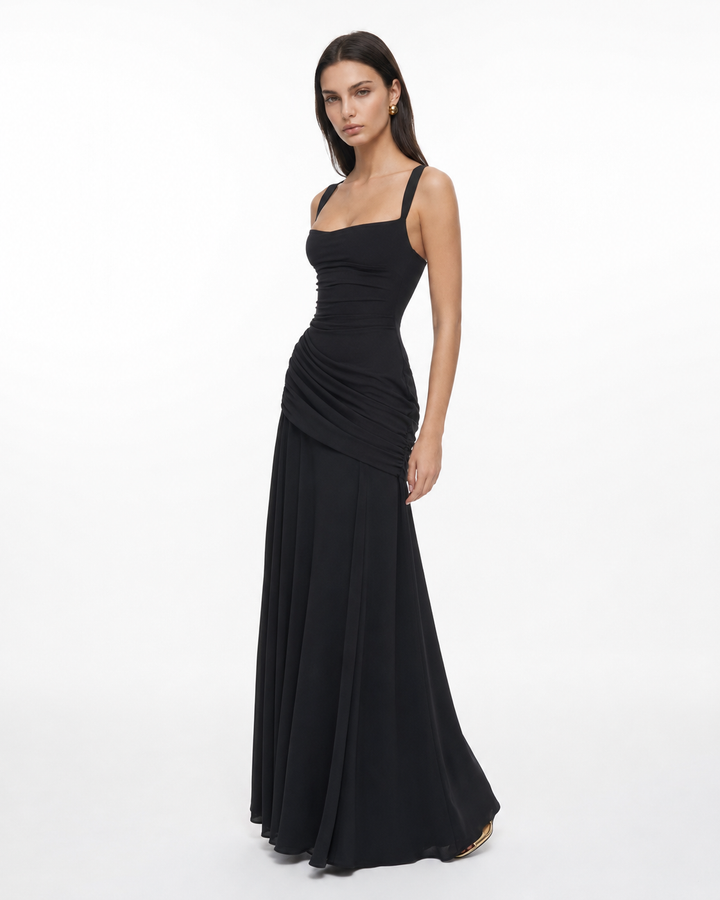 Women's Square Neck Draped Maxi Dress Autumn Evening Outfit