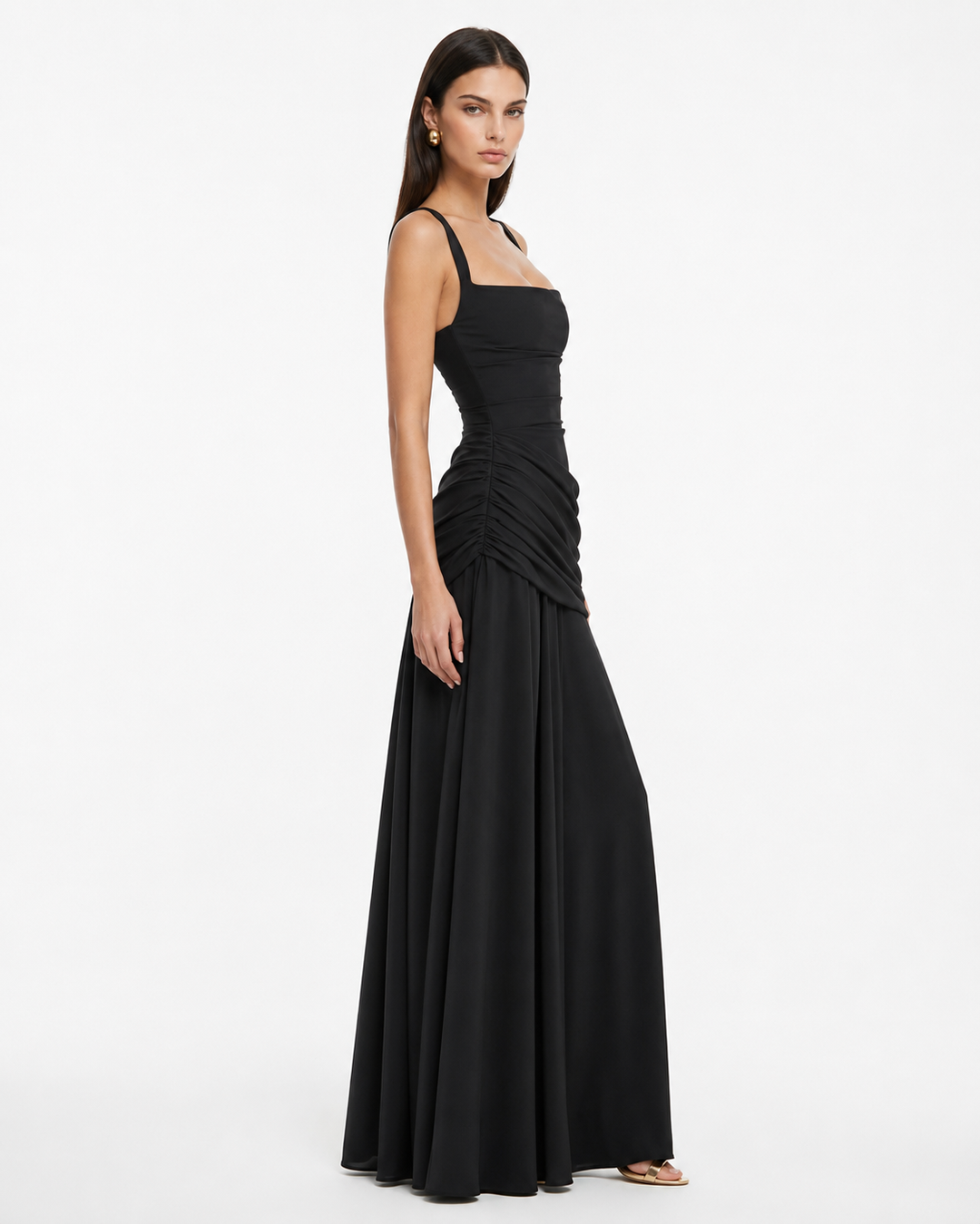 Women's Square Neck Draped Maxi Dress Autumn Evening Outfit
