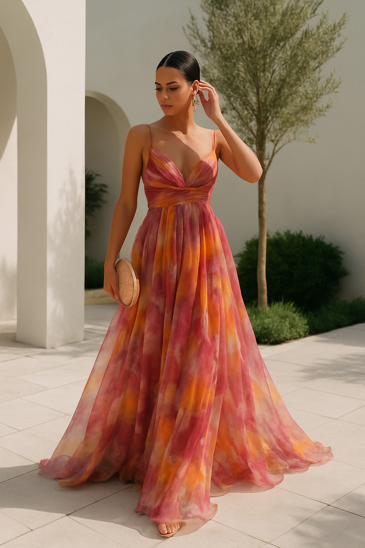 Women Cotton V-Neck Fall Formal Dress with Flowy Silhouette and Straps