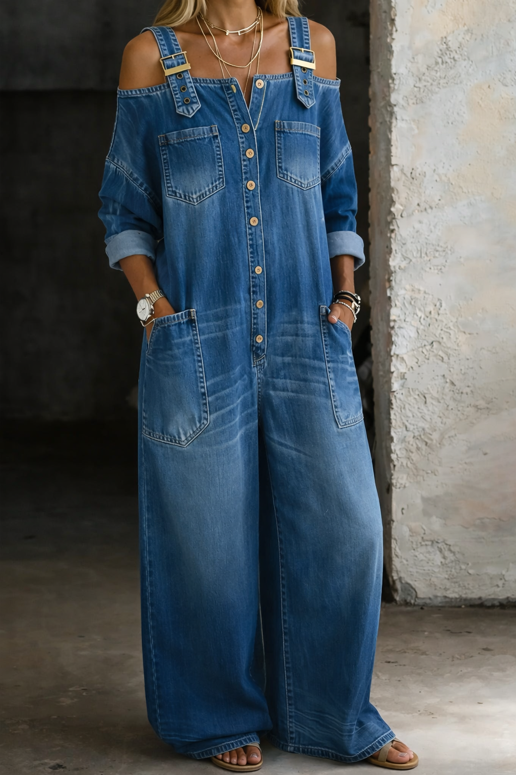 Women's Cotton Off-Shoulder Denim Jumpsuit Autumn Casual Outfit