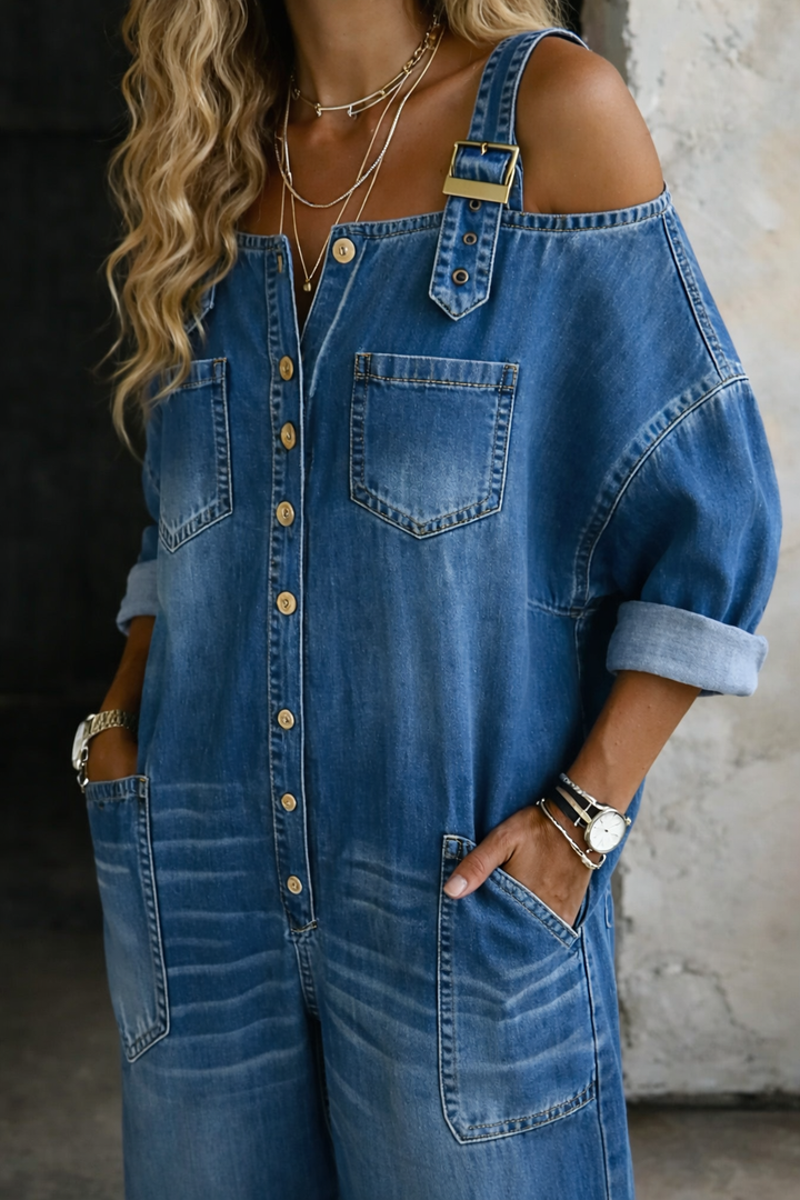 Women's Cotton Off-Shoulder Denim Jumpsuit Autumn Casual Outfit