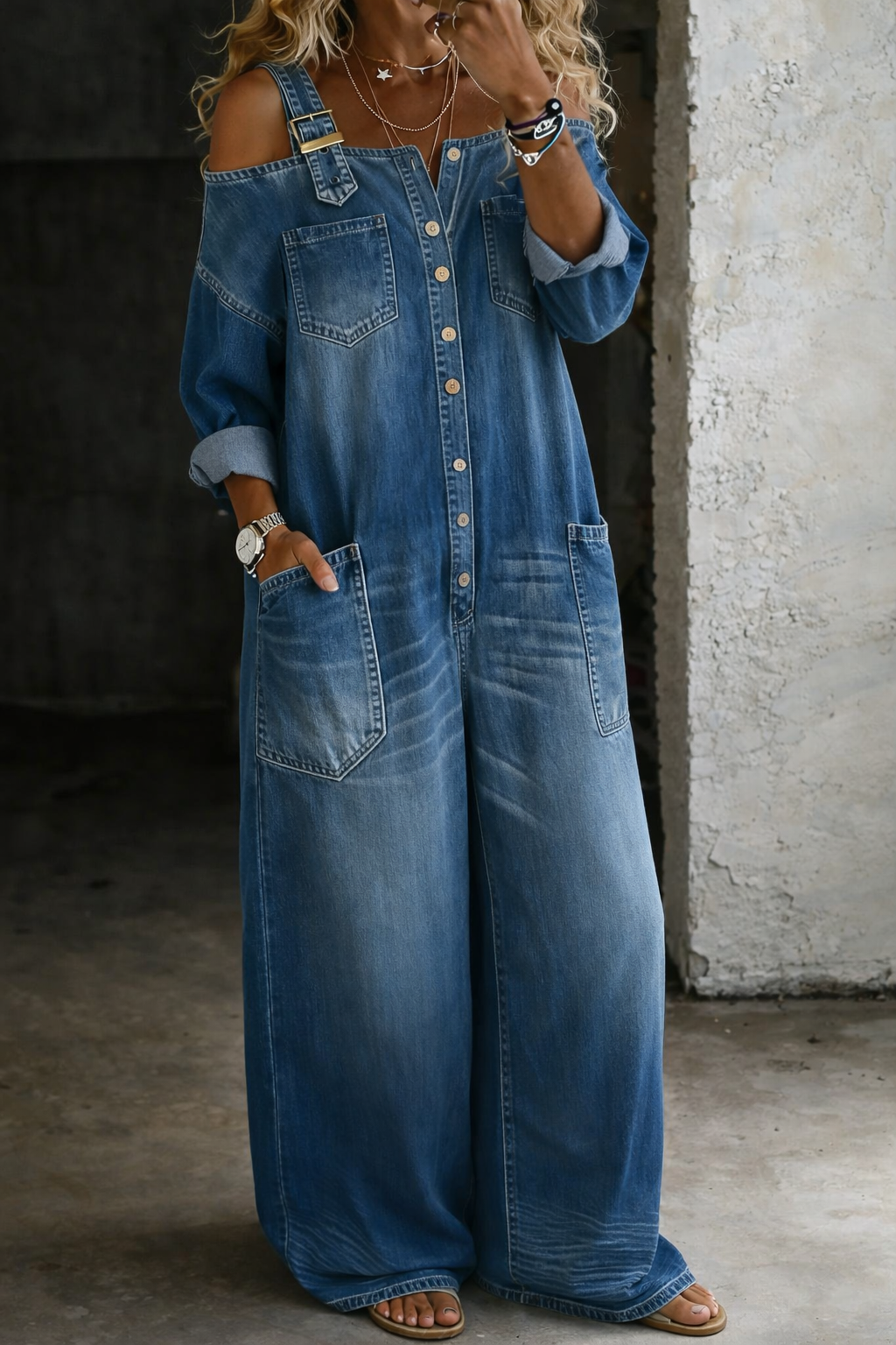 Women's Cotton Off-Shoulder Denim Jumpsuit Autumn Casual Outfit