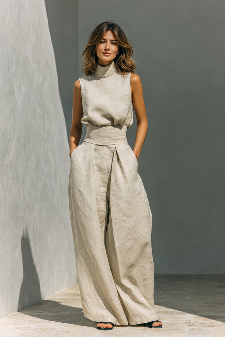 Women's Two-Piece Set with Wide-Leg Pants and High-Neck Top for Autumn