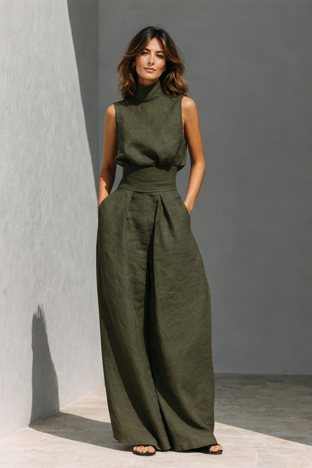 Women's Two-Piece Set with Wide-Leg Pants and High-Neck Top for Autumn