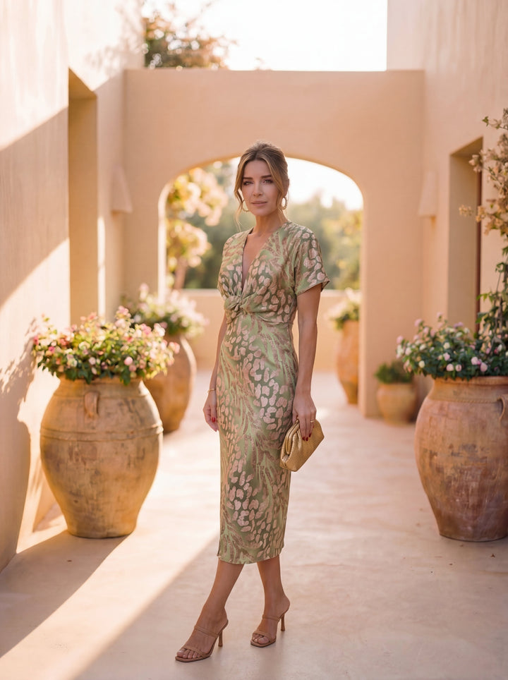Women's Printed Midi Dress Belted Polyester Autumn Evening Outfit