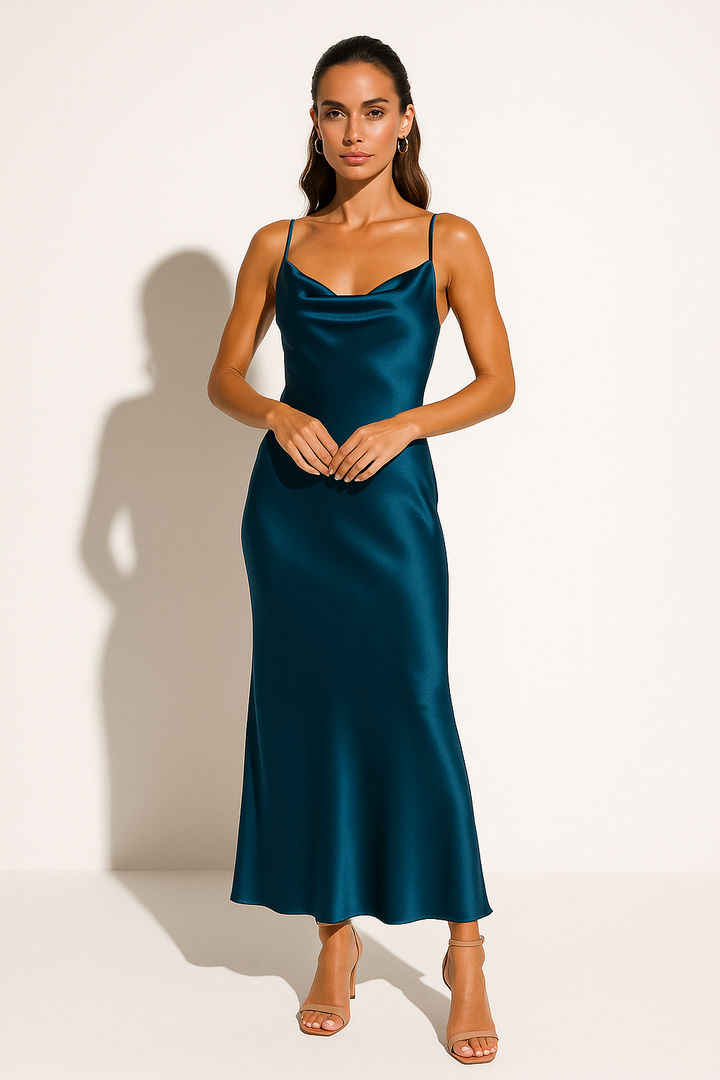 Women's Satin Midi Dress with Draped Neckline for Elegant Autumn Evening Events