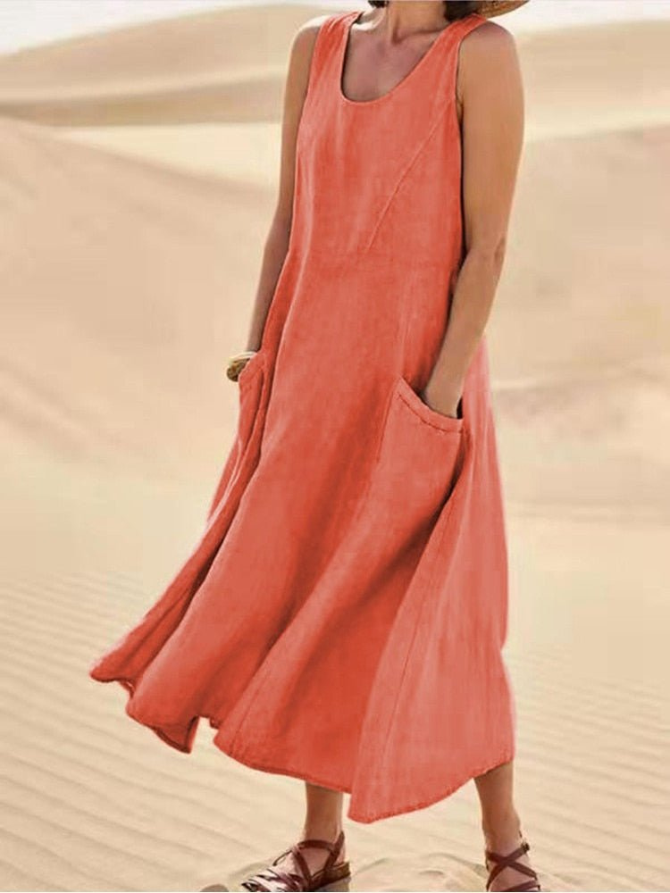 Women's Linen Midi Dress for Autumn, Sleeveless A-Line Casual Everyday Wear