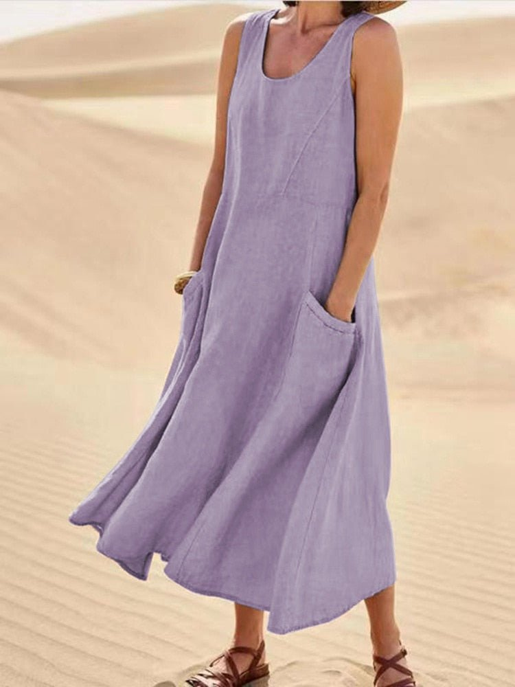 Women's Linen Midi Dress for Autumn, Sleeveless A-Line Casual Everyday Wear