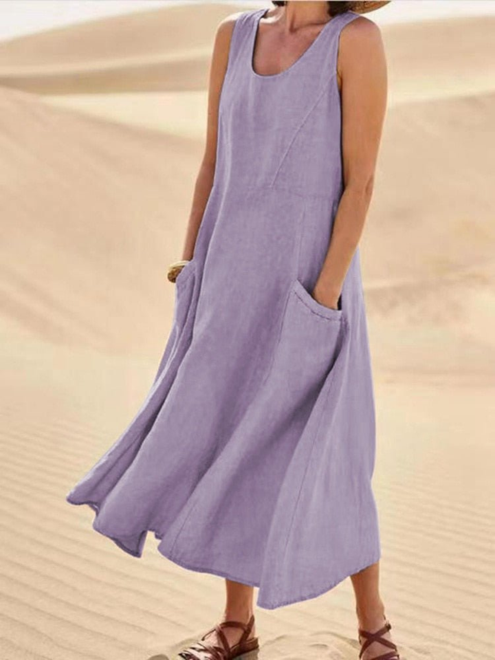 Women's Linen Midi Dress for Autumn, Sleeveless A-Line Casual Everyday Wear