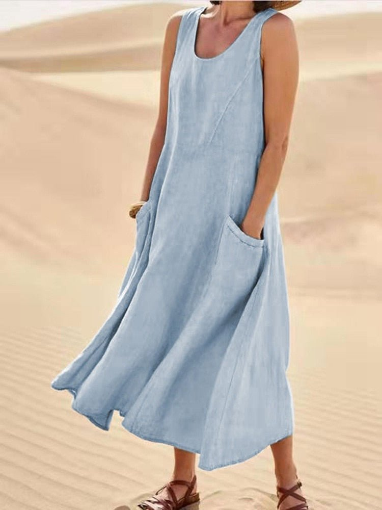 Women's Linen Midi Dress for Autumn, Sleeveless A-Line Casual Everyday Wear