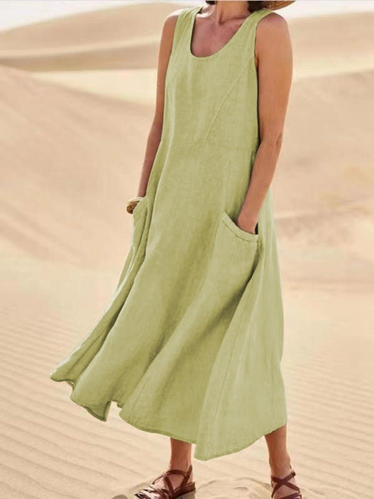 Women's Linen Midi Dress for Autumn, Sleeveless A-Line Casual Everyday Wear