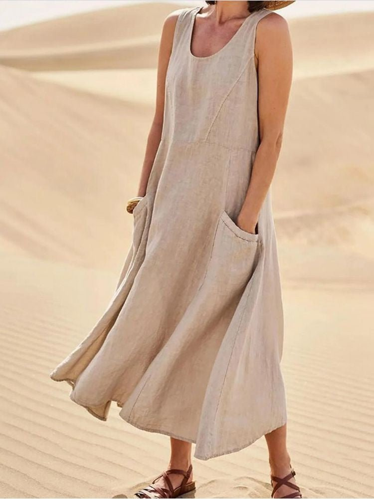 Women's Linen Midi Dress for Autumn, Sleeveless A-Line Casual Everyday Wear