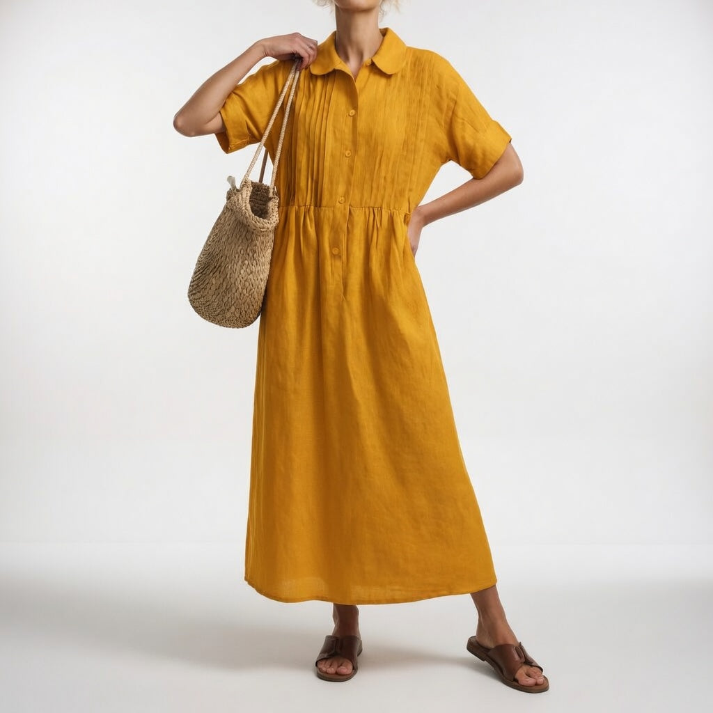 Women's Cotton Long Sleeve Pleated Shirt Dress Autumn Midi Top