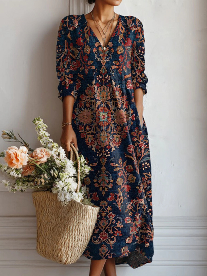 Women's Printed Linen Boho Midi Dress with V-Neck