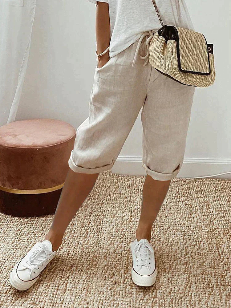 Women's Linen Bermuda Shorts with Adjustable Waist for Autumn Casual Wear
