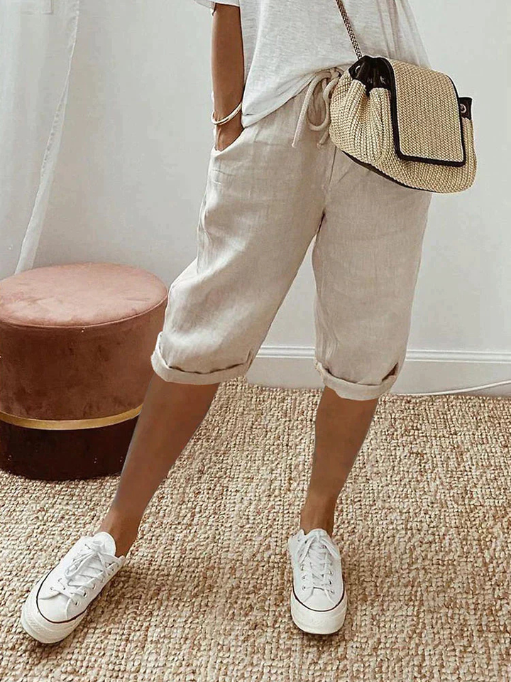 Women's Linen Bermuda Shorts with Adjustable Waist for Autumn Casual Wear