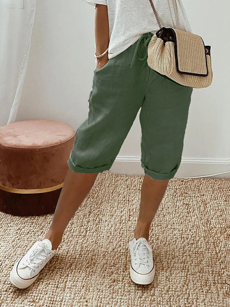 Women's Linen Bermuda Shorts with Adjustable Waist for Autumn Casual Wear