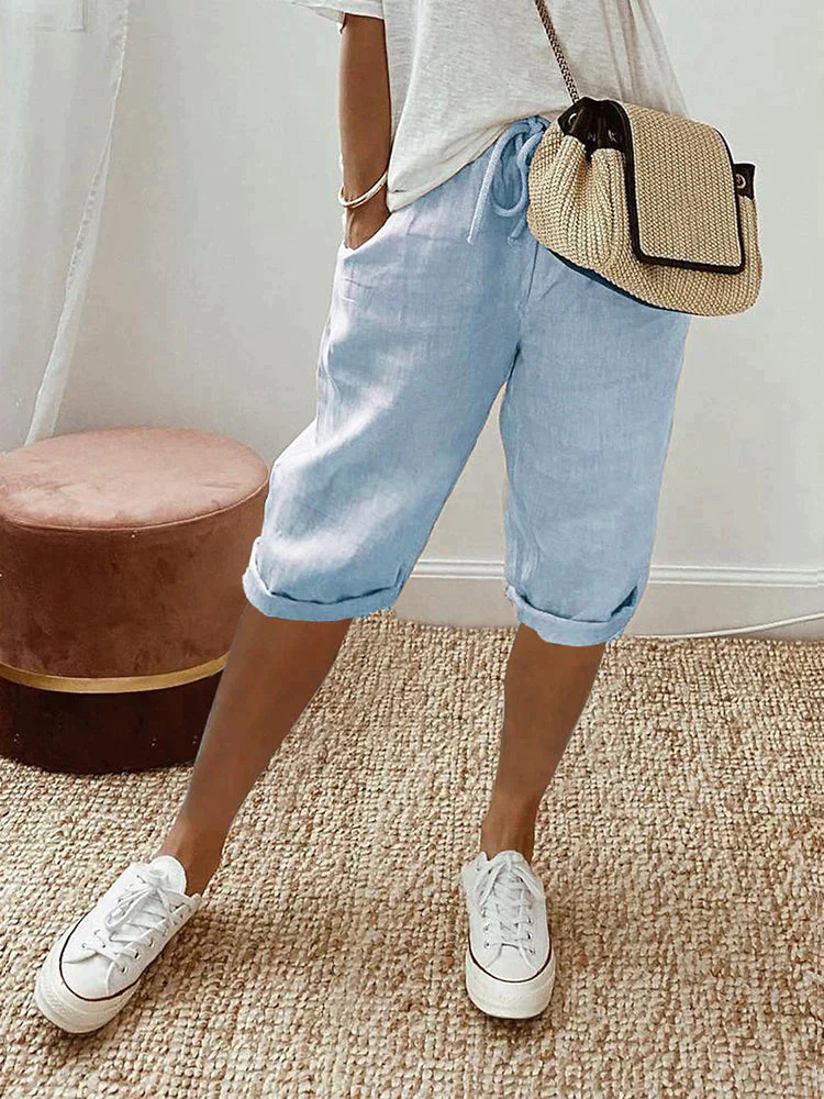Women's Linen Bermuda Shorts with Adjustable Waist for Autumn Casual Wear