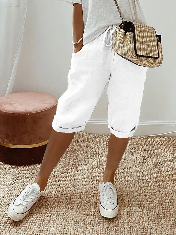 Women's Linen Bermuda Shorts with Adjustable Waist for Autumn Casual Wear