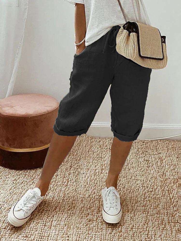 Women's Linen Bermuda Shorts with Adjustable Waist for Autumn Casual Wear