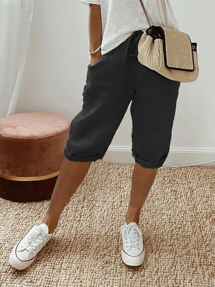Women's Linen Bermuda Shorts with Adjustable Waist for Autumn Casual Wear