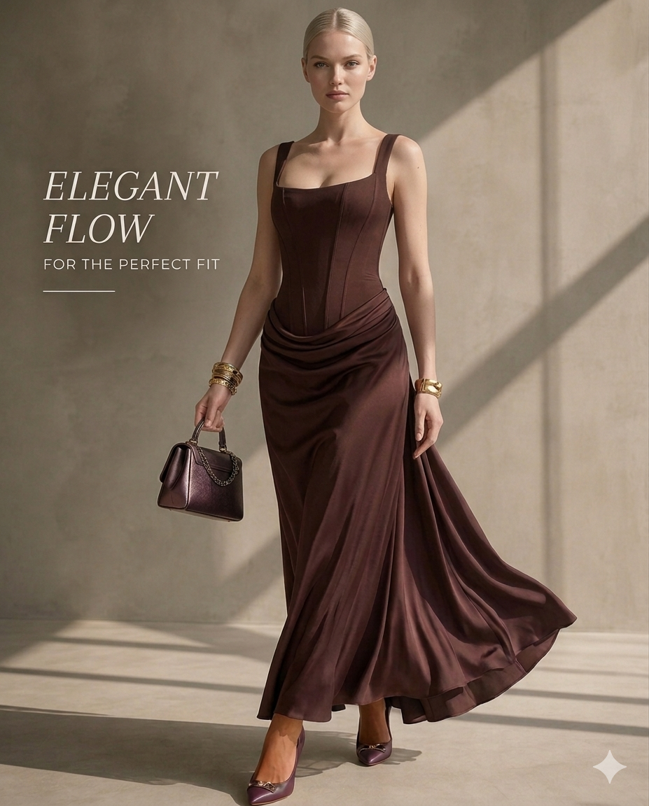 Maxi Dress for Women Fall Evening Dress with Square Neck and Draped Waist Silhouette