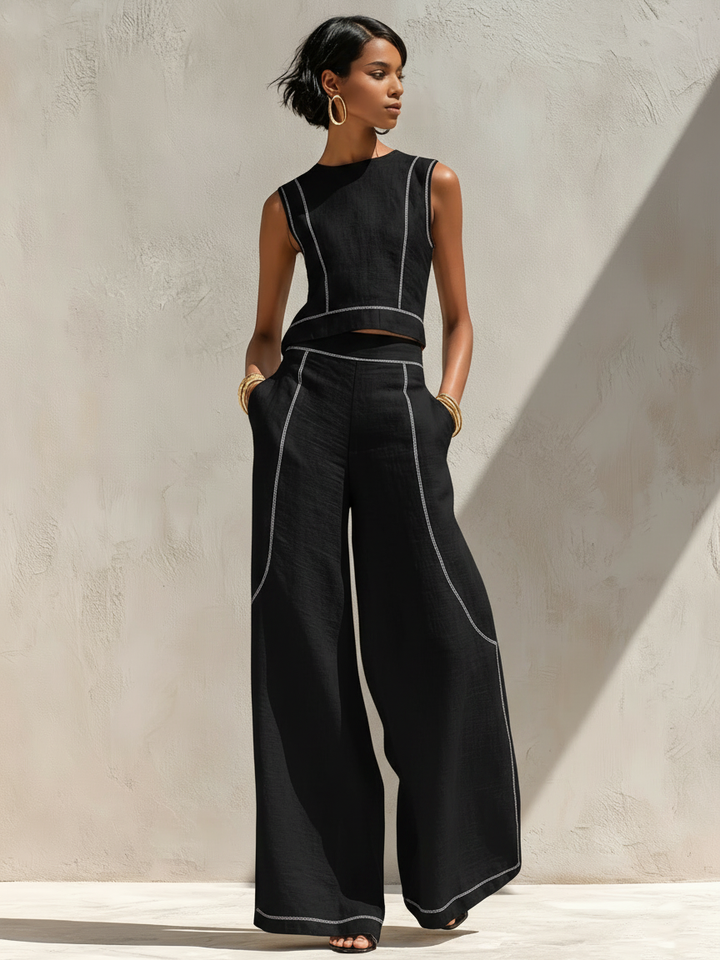 Women's Knit Sleeveless Top and Wide Leg Pants Two-Piece Set Autumn Casual Set