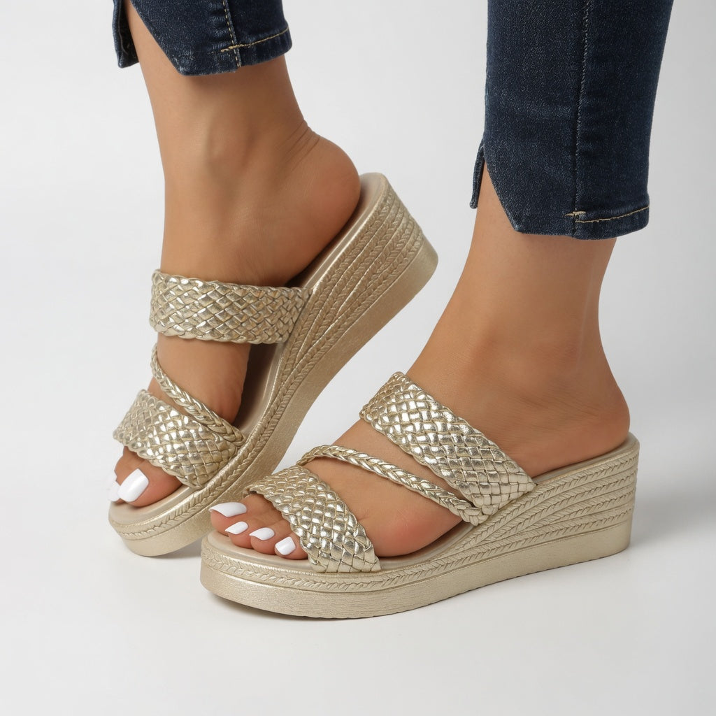 Women's Braided Platform Wedge Sandals Spring Comfortable Slip-On Slides for Everyday Wear