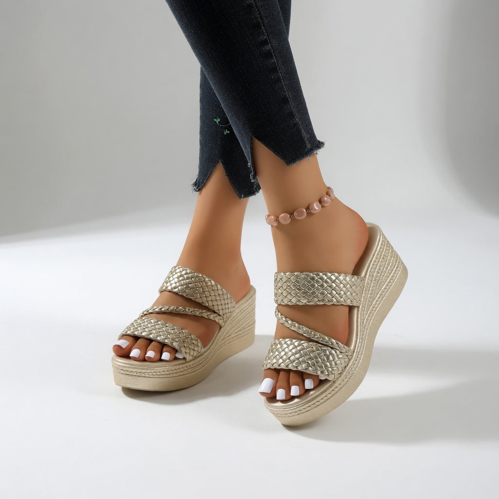 Women's Braided Platform Wedge Sandals Spring Comfortable Slip-On Slides for Everyday Wear