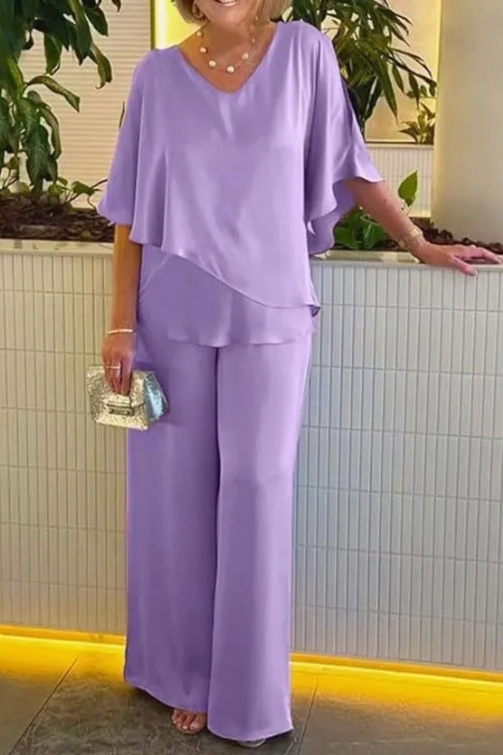 Women's Two-Piece Set with Asymmetrical Top and Wide-Leg Pants for Autumn