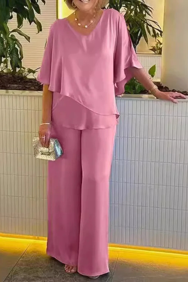 Women's Two-Piece Set with Asymmetrical Top and Wide-Leg Pants for Autumn