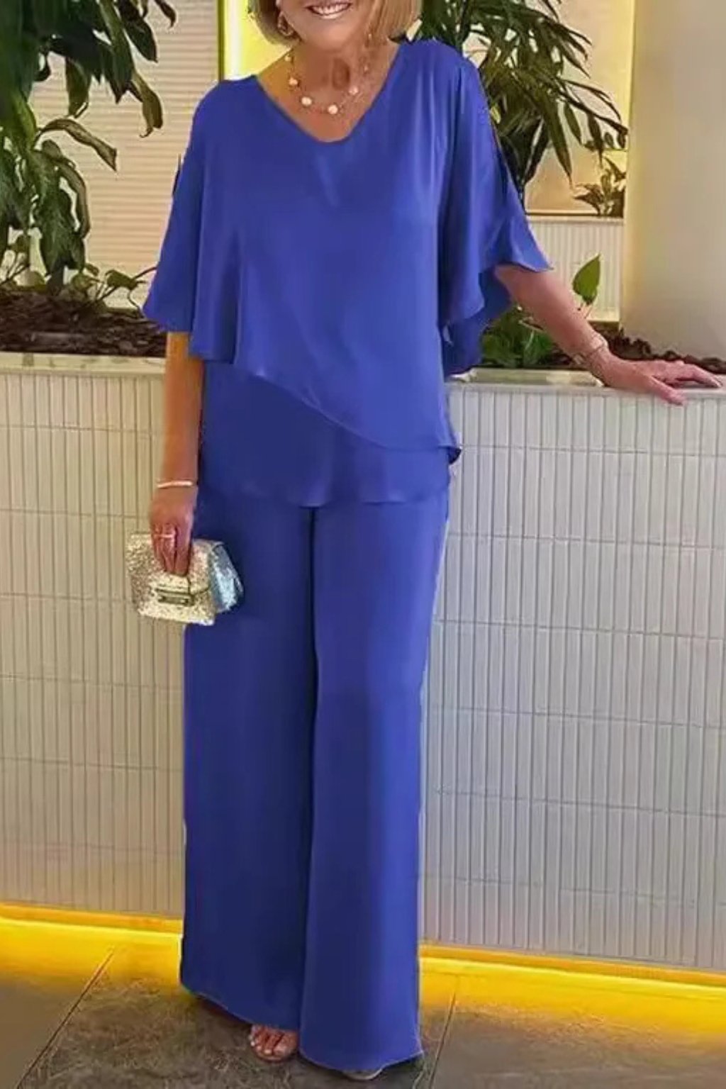 Women's Two-Piece Set with Asymmetrical Top and Wide-Leg Pants for Autumn