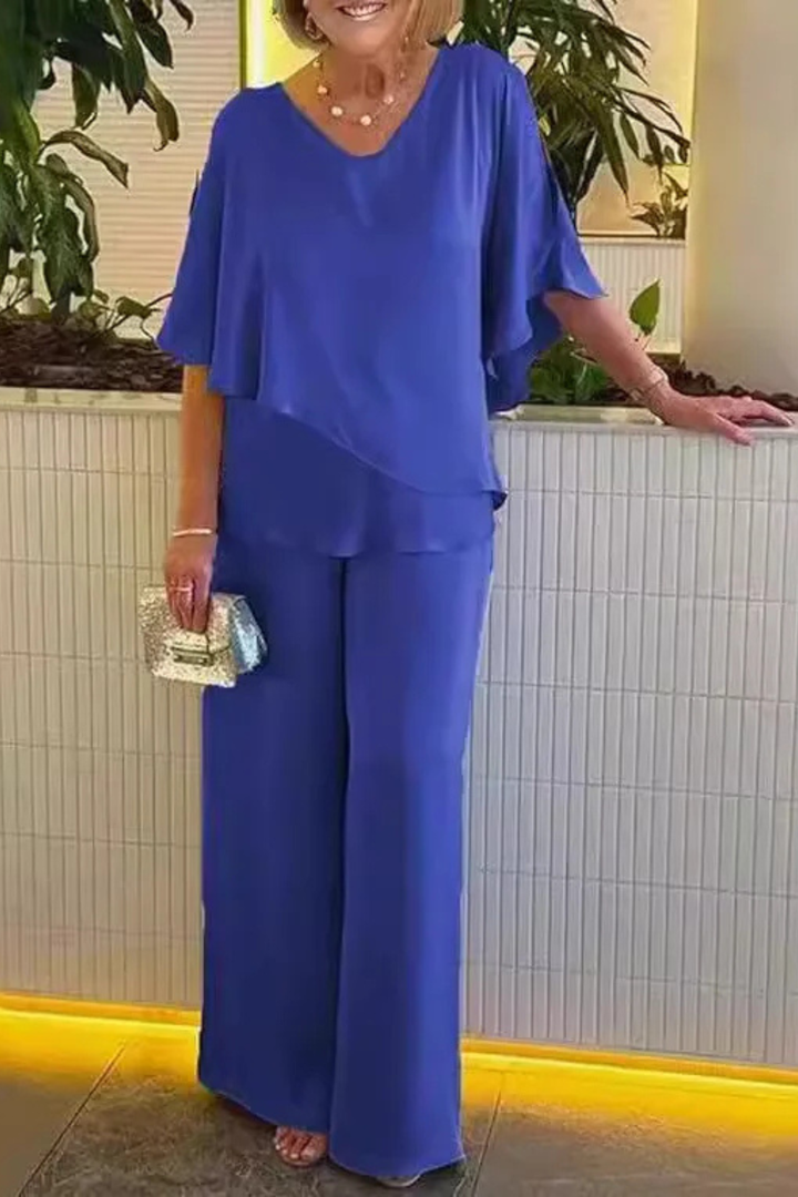 Women's Two-Piece Set with Asymmetrical Top and Wide-Leg Pants for Autumn