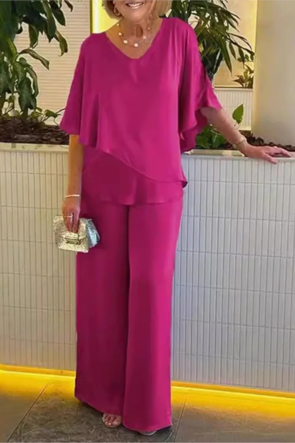 Women's Two-Piece Set with Asymmetrical Top and Wide-Leg Pants for Autumn