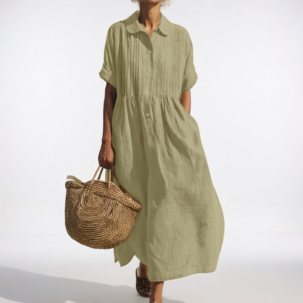 Women's Cotton Long Sleeve Pleated Shirt Dress Autumn Midi Top
